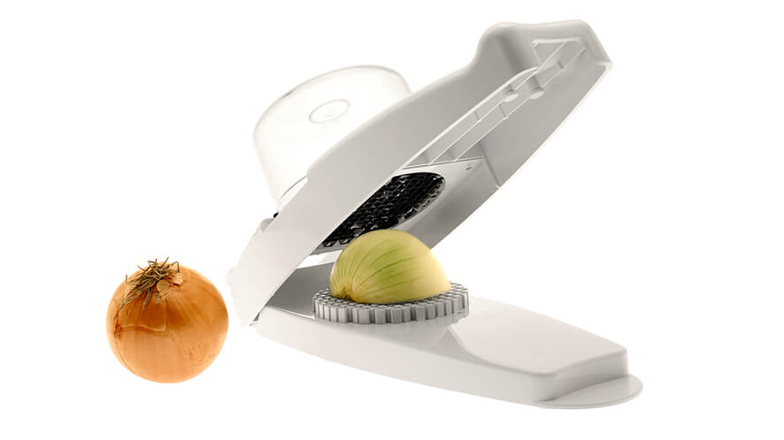 rezalnik čebule_čebula Rezalnik čebule v beli različici z vstavljeno čebulo.