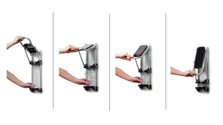 Prikaz stiskanja embalaže s stiskalnico Green Press v štirih fazah.