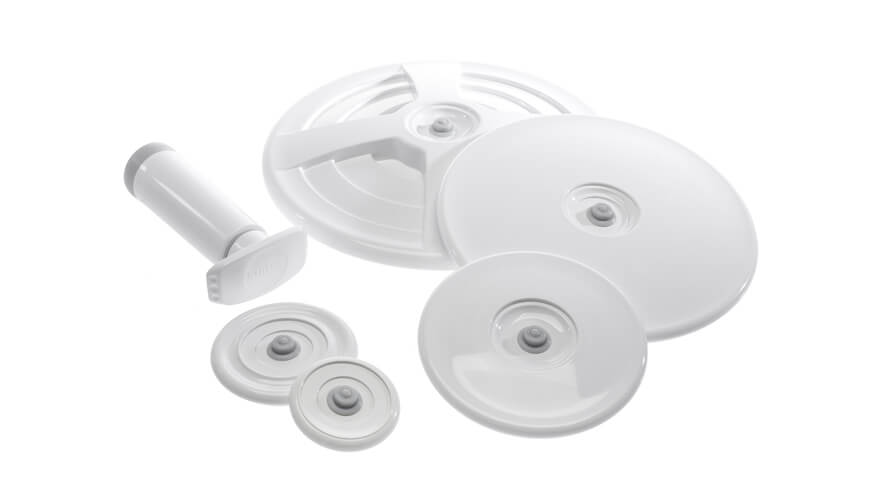 Set vak pokrovov_BE 6-delni set univerzalnih vakuumskih pokrovov in ročne vakuumske črpalke v beli barvi.