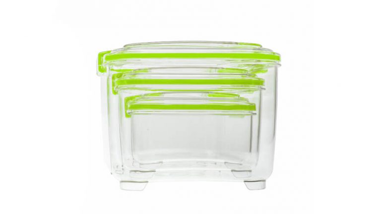 3-delni set višjih posod za shranjevanje Status z zelenimi ročkami pospravljen v največjo posodo seta